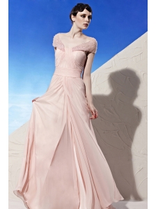 Baby Pink Empire Off The Shoulder Floor-length Chiffon Beading Prom / Evening Dress