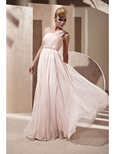 Baby Pink Empire One Shoulder Floor-length Chiffon Beading and Ruch Prom / Celebrity Dress