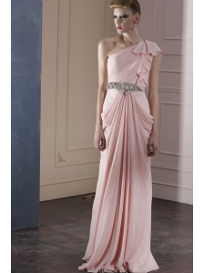 Baby Pink Empire One Shoulder Floor-length Chiffon Beading and Ruch Prom / Celebrity Dress