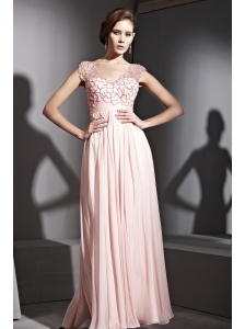 Baby Pink Empire V-neck Floor-length Chiffon Beading and Ruch Prom / Celebrity Dress
