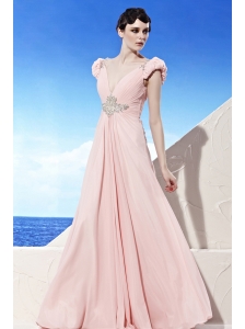 Baby Pink Empire V-neck Floor-length Chiffon Beading Prom Dress