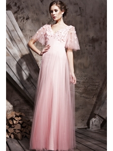 Baby Pink Empire V-neck Floor-length Tulle Appliques and Ruch Prom / Celebrity Dress