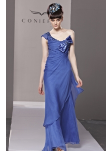 Blue Column / Sheath One Shoulder Floor-length Organza Beading and Bowknot Prom Dress / Evening