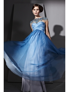 Sky Blue Empire Bateau Floor-length Chiffon Beading Prom / Evening Dress