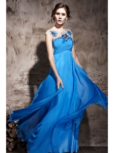 Blue Empire Bateau Floor-length Chiffon Beading Prom Dress