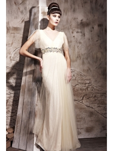 Champagne Column / Sheath V-neck Floor-length Tulle Beading Prom / Evening Dress
