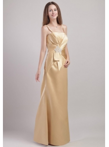Champagne Column / Sheath Spaghetti Straps Floor-length Satin Appliques Bridesmaid Dress