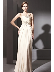 Champagne Empire One Shoulder Floor-length Chiffon Beading Prom / Evening Dress