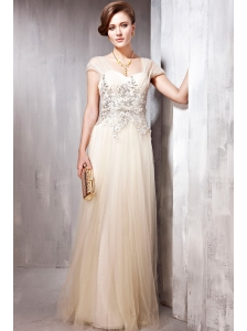 Champagne Empire Square Neck Floor-length Tulle   Appliques Prom Dress