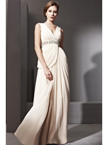 Champagne Empire V-neck Floor-length Chiffon Beading and Ruch Prom / Celebrity Dress