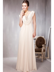 Champagne Empire V-neck Floor-length Chiffon Beading Prom Dress