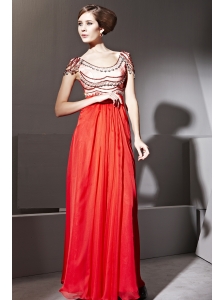 Coral Red Empire Scoop Floor-length Chiffon Beading and Ruch Prom / Celebrity Dress