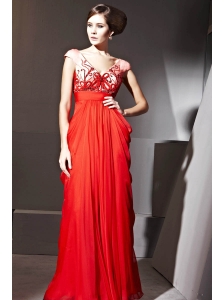 Coral Red Empire V-neck Floor-length Chiffon Appliques and Ruch Prom / Celebrity Dress