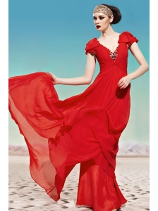 Coral Red V-neck Floor-length Chiffon Ruch and Beading Prom Dress