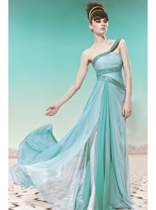 Light Blue Empire One Shoulder Floor-length Chiffon Sequin Prom / Evening Dress