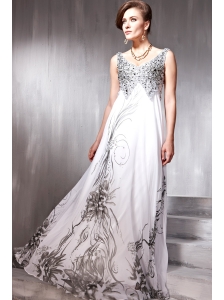 Elegant Empire V-neck Floor-length Print Beading Prom / Evening Dress