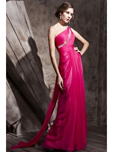 Hot Pink Empire One Shoulder Floor-length Chiffon Beading and Ruch Prom / Celebrity Dress
