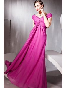 Fuchsia Empire V-neck Floor-length Chiffon Beading Prom Dress