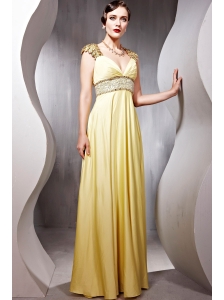 Light Yellow Empire V-neck Floor-length Elastic Woven Satin Beading Prom Dress