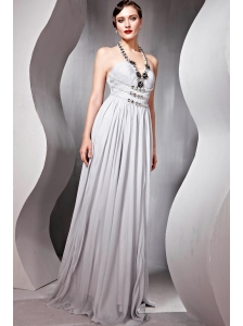 Gray Empire Halter Floor-length Chiffon Beading Prom / Evening Dress