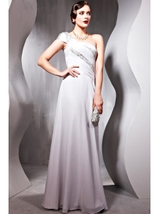 Gray Empire One Shoulder Floor-length Chiffon Beading Prom / Party Dress