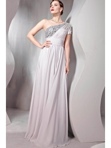 Gray Empire One Shoulder Floor-length Chiffon   Beading Prom Dress
