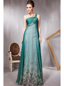 Green Empire One Shoulder Floor-length Print Beading Prom / Evening Dress