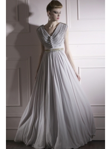 Grey Column / Sheath V-neck Floor-length Chiffon Beading Prom / Evening Dress