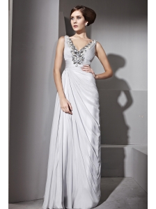 Grey Column V-neck Floor-length Chiffon Beading Prom Dress
