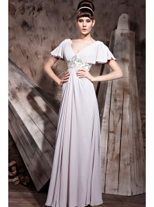Grey Empire V-neck Floor-length Chiffon Rhinestones Prom Dress