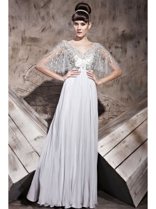 Grey Empire V-neck Floor-length Chiffon Sequins Prom Dress