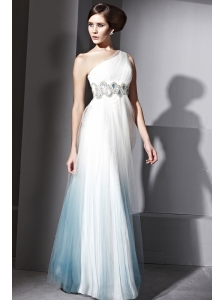 Ombre Color Empire One Shoulder Floor-length Tulle Beading Prom Dress