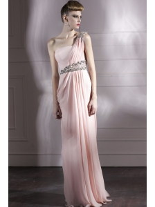 Light Pink Column One Shoulder Floor-length Taffeta and Chiffon Beading Prom Dress