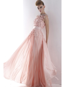 Light Pink Empire Bateau Floor-length Chiffon Beading Red Prom Dress