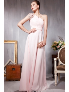 Light Pink Empire One Shoulder Floor-length Chiffon Beading Prom Dress