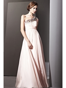 Baby Pink Empire One Shoulder Floor-length Chiffon Rhinestones Prom Dress