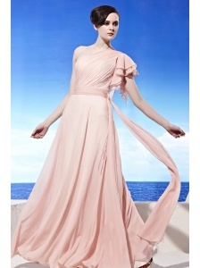 Light Pink Empire One Shoulder Floor-length Chiffon Ruch Prom Dress