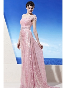 Baby Pink Empire One Shoulder Sweep / Brush Sequins Beading Prom Dress