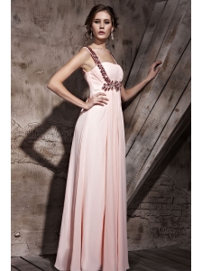 Baby Pink Empire Square Floor-length Chiffon Beading Prom Dress