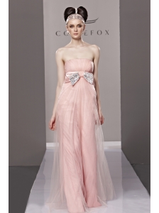 Baby Pink Empire Strapless Floor-length Tulle Bowknot Prom Dress