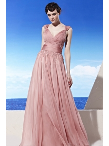Light Pink Empire V-neck Floor-length Chiffon Beading Prom Dress