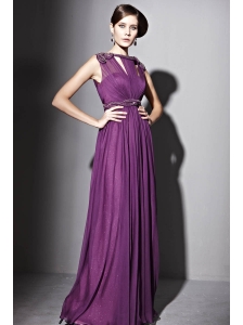Eggplant Purple Empire Bateau Floor-length Sequin Beading and Ruch Prom / Evening Dress