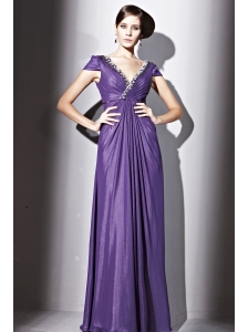 Purple Empire V-neck Floor-length Elastic Wove Satin and Chiffon Beading Prom / Evening Dress