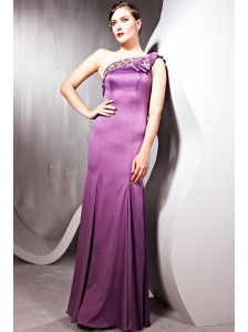 Lavender Sheath / Column One Shoulder Floor-length Satin Beading Prom Dress