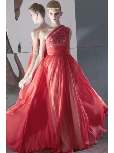 Rust Red Column / Sheath One Shoulder Floor-length Chiffon Beading Prom / Evening Dress
