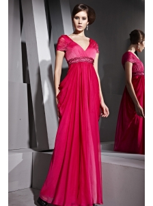 Red Column / Sheath V-neck Floor-length Chiffon Beading Prom / Evening Dress