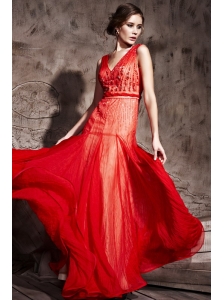 Red Column / Sheath V-neck Floor-length Chiffon Beading Prom / Evening Dress