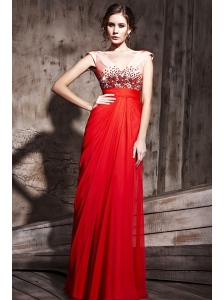 Red Column V-neck Floor-length Chiffon Beading Prom / Evening Dress