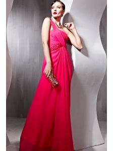 Coral Red Empire One Shoulder Floor-length Chiffon Beading Prom Dress