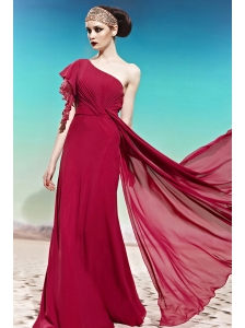 Wine Red Empire One Shoulder Floor-length Chiffon Beading Prom Dress
